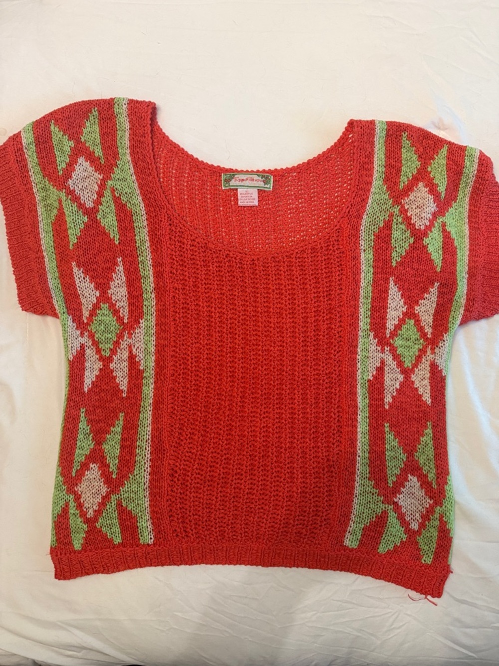 Flying Tomato Red Knit Sweater Top with Green & Cream Geometric Panels